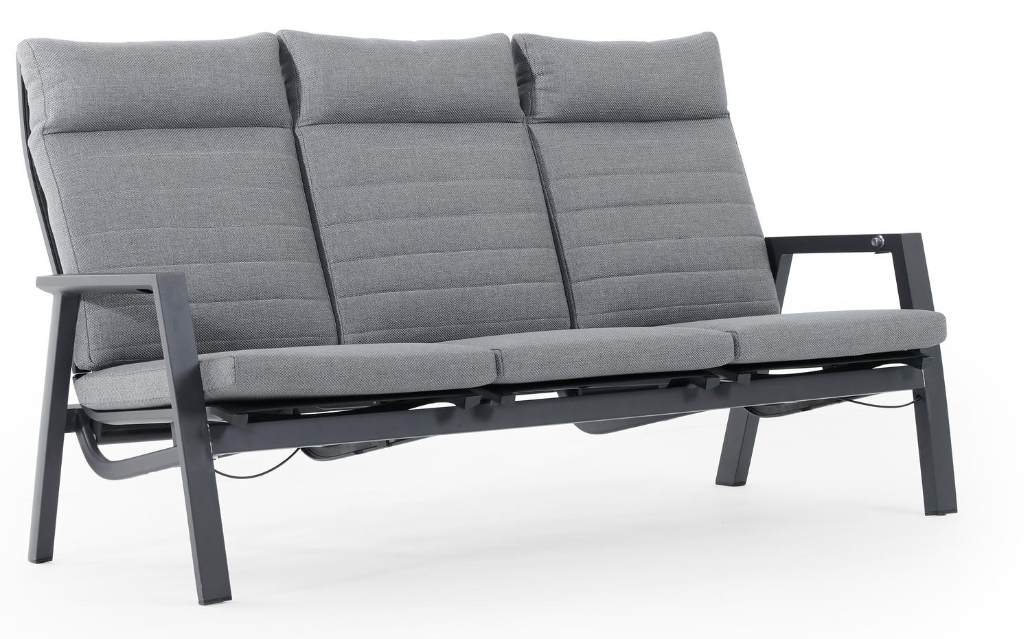 Canapé de jardin Prato 3-pl en aluminium noir avec coussin en weather+ softtouch gris