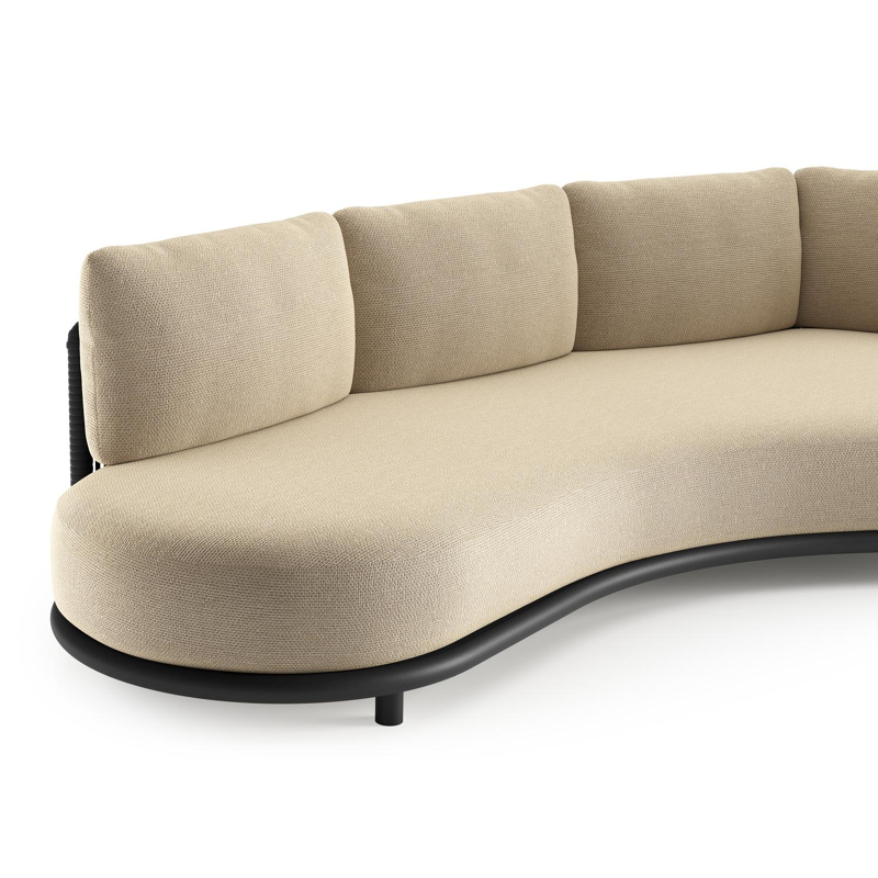 Lomano loungebank in zwart aluminium en zwart verticaal geweven luxe vlakke rope met althea camel all weather cosytica kussen