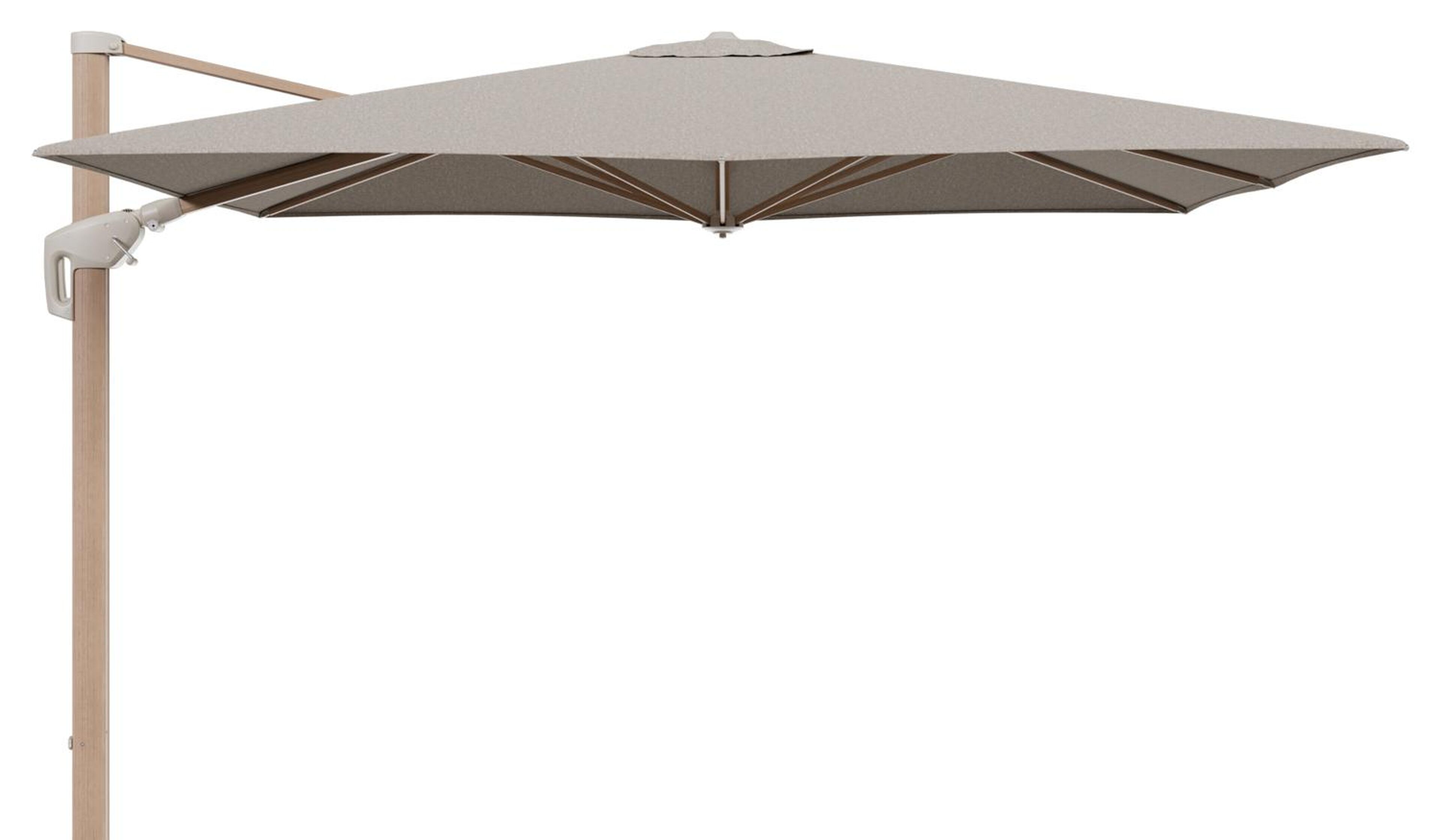 Parasol pendant Minore avec fonction tilt en aluminium aspect de bois et toile de parasol All Weather Sunbrella® Luxe Chartres Pewter - Lg.1: 280 x Lg.2: 370 cm (sans pied de parasol