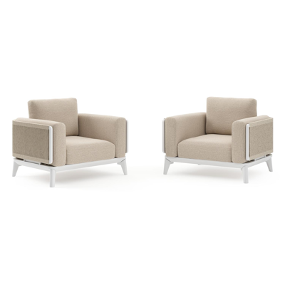 Ensemble de 2 fauteuils de jardin Mosa en aluminium blanc et résine tressée torsadée beige et coussins en weather+ softtouch rustic