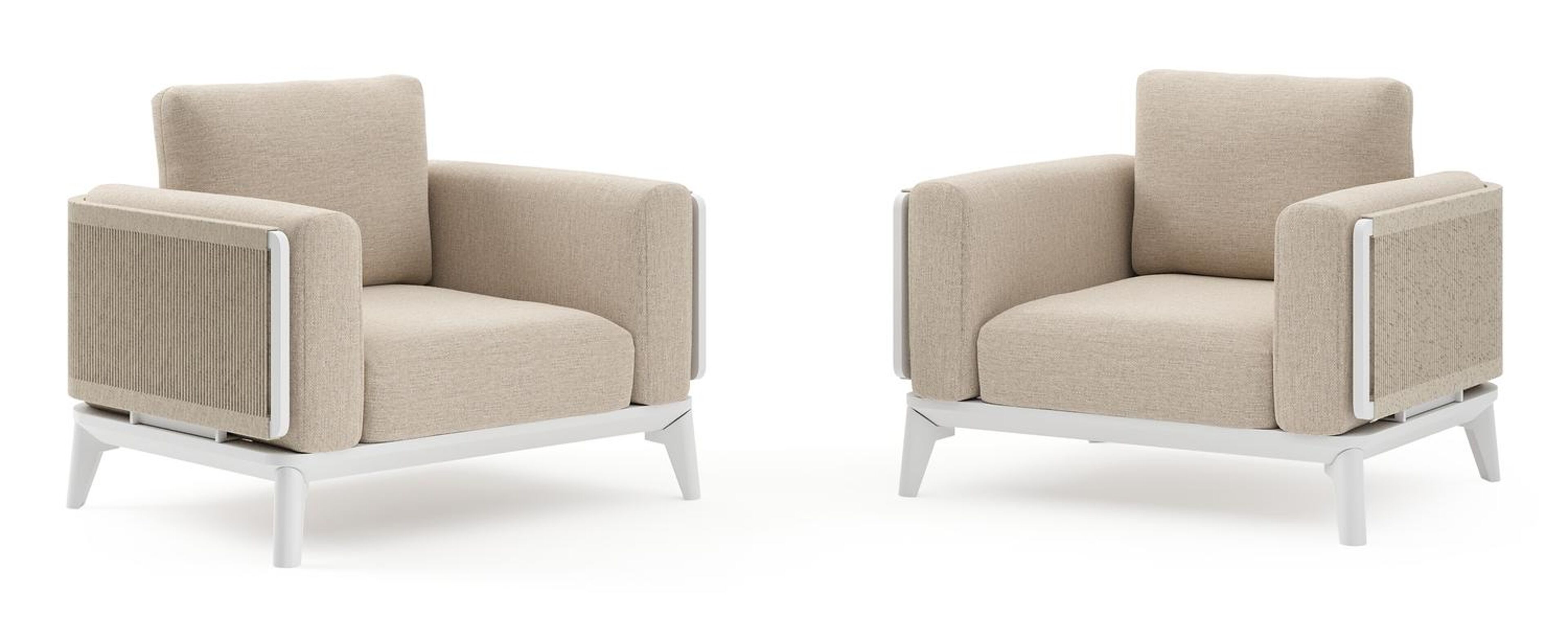 Set van 2 Mosa loungestoelen in wit aluminium en beige gedraaide ronde wicker met rustic weather+ softtouch kussens