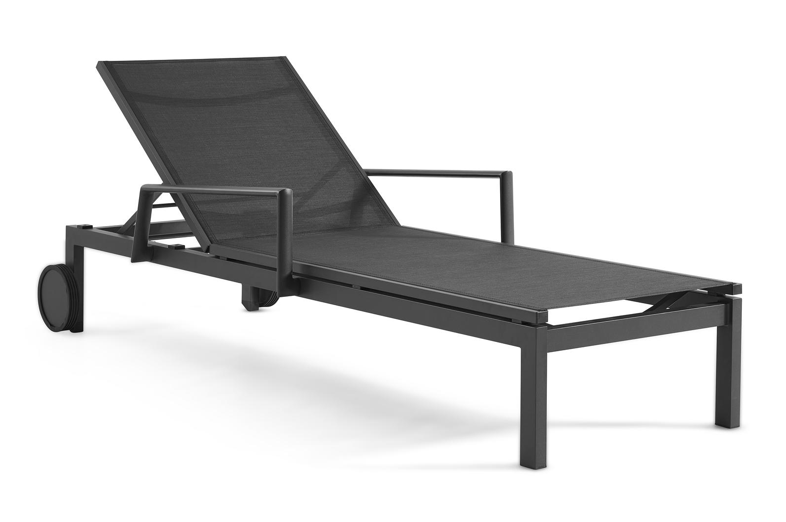 Caravelle verstelbaar ligbed in zwart aluminium met zwart textilene met armleuning