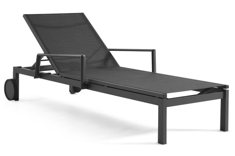 Caravelle verstelbaar ligbed in zwart aluminium met zwart textileen met armleuning