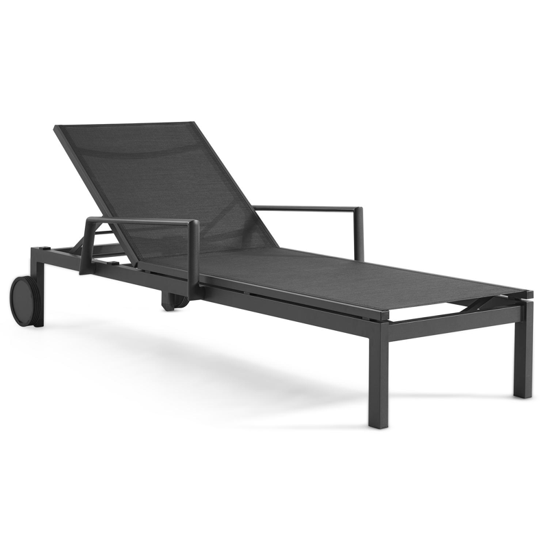 Chaise longue réglable Caravelle en aluminium noir avec textilène noir avec accoudoir