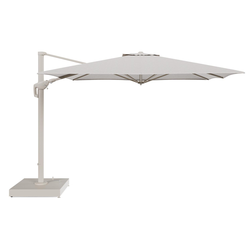 Minore zweefparasol met tiltfunctie in beige aluminium en Tundra Sand All Weather Sunbrella® Luxe parasoldoek - L1 350 x L2 350 cm met parasolvoet Minore 260 kg met wielen