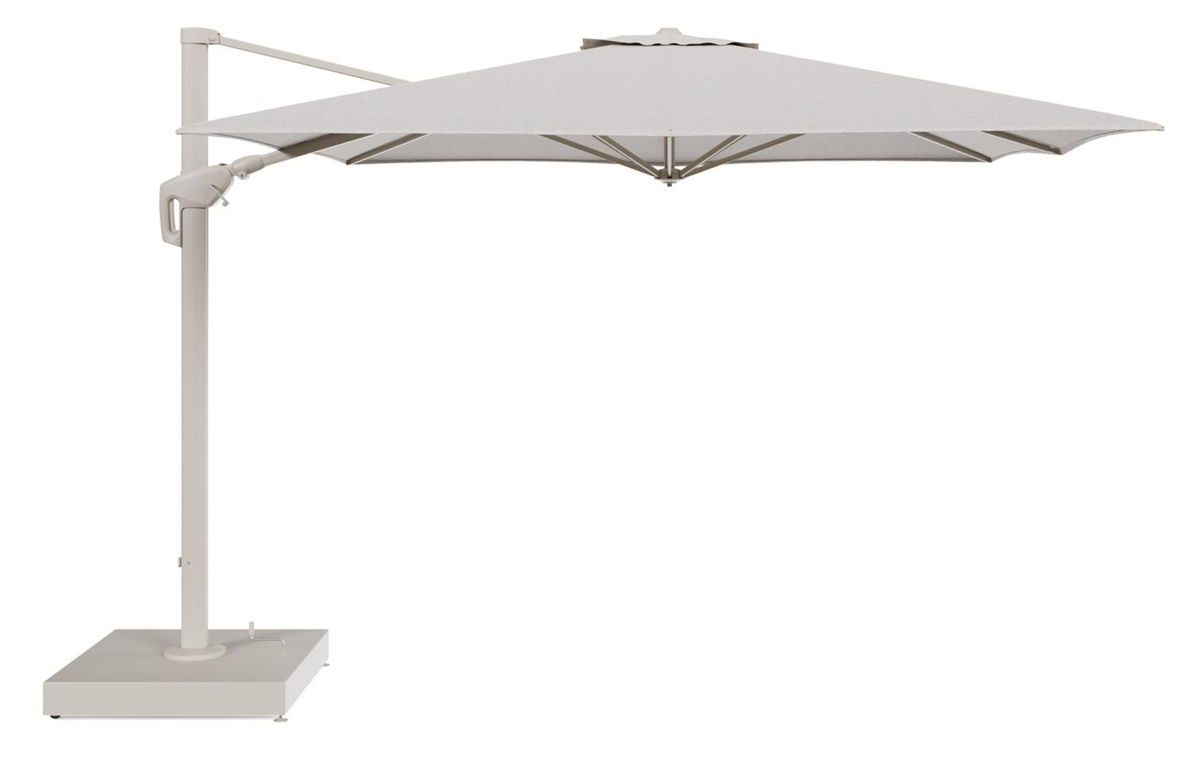 Minore zweefparasol met tiltfunctie in beige aluminium en Tundra Sand All Weather Sunbrella® Luxe parasoldoek - L1 350 x L2 350 cm met parasolvoet Minore 260 kg met wielen
