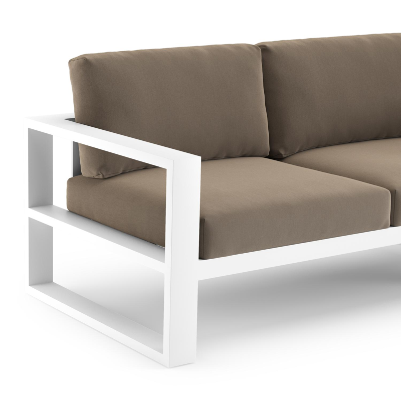 Verato loungehoek in wit aluminium met natte heather grey all weather sunbrella® luxe kussen