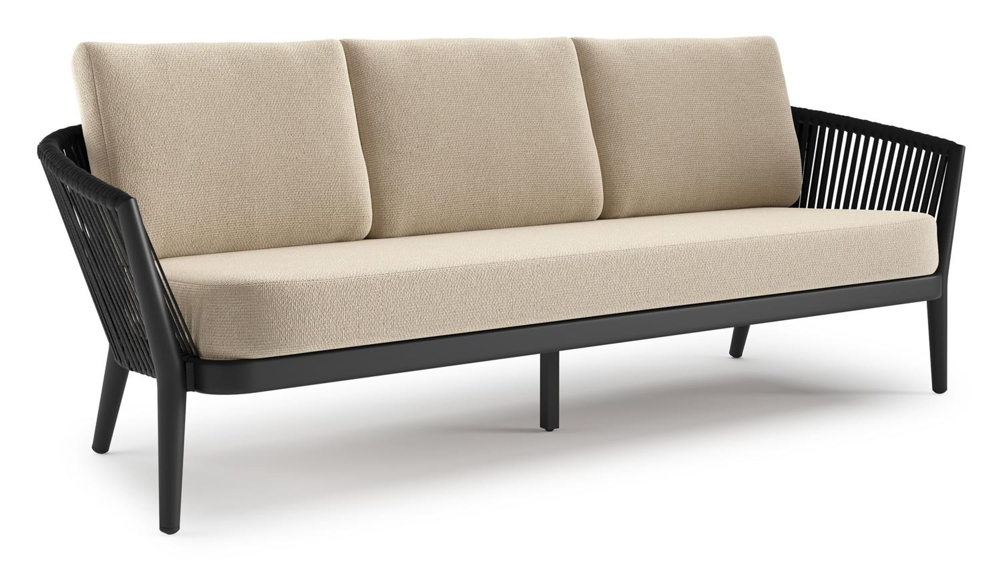 Canapé de jardin Orso en aluminium noir en corde luxe plate tissée verticalement noir et coussins en all weather cosytica Althea Chalk