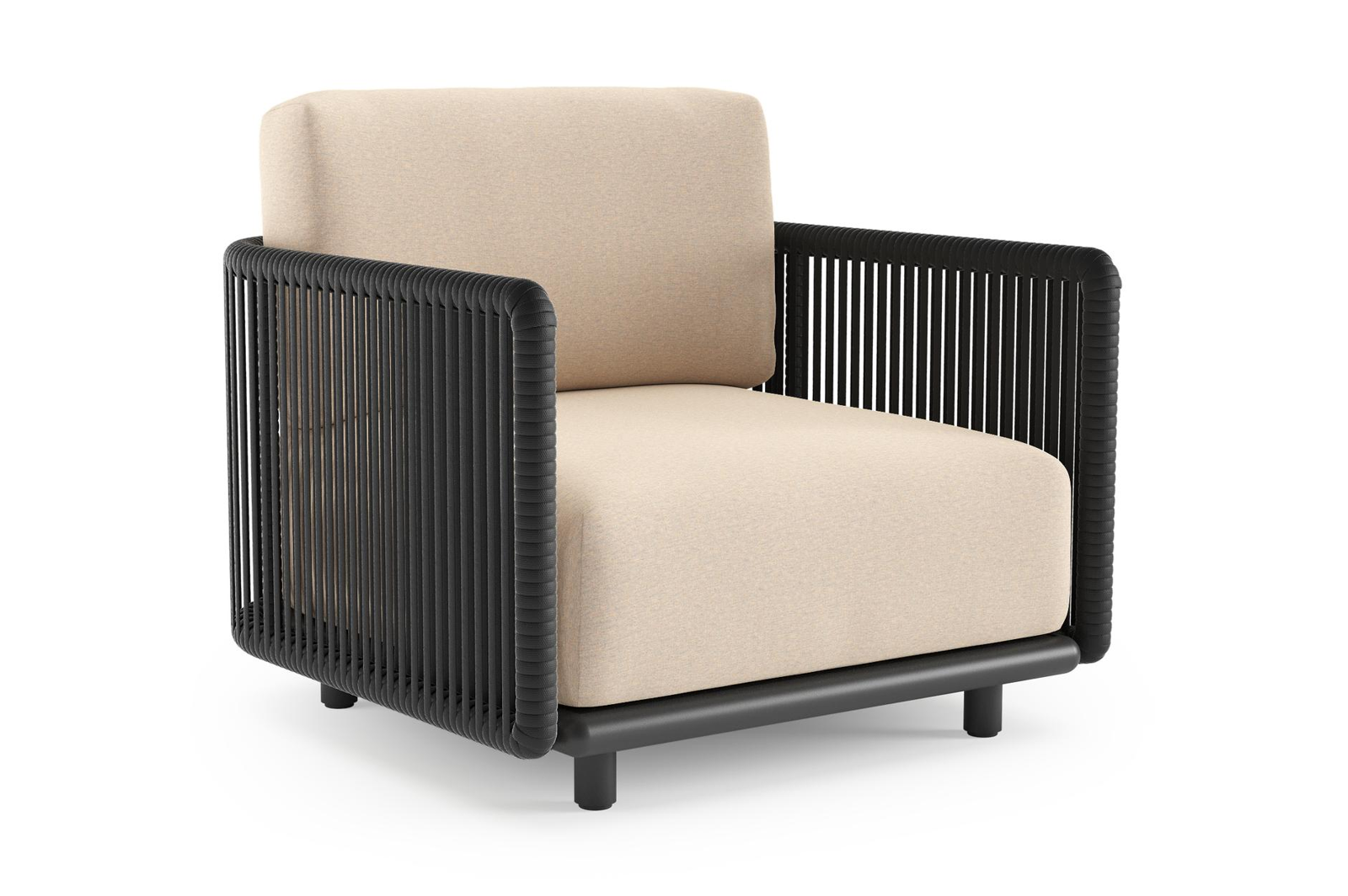 Organo loungestoel in zwart aluminium en zwart verticaal geweven luxe vlakke rope met heritage papyrus all weather Sunbrella® luxe kussen