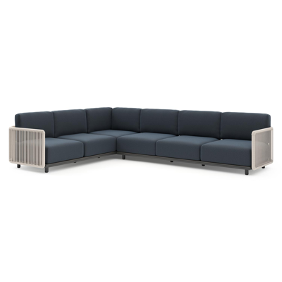 Organo loungehoek in zwart aluminium en beige verticaal geweven luxe vlakke rope met heritage indigo all weather Sunbrella® luxe kussen