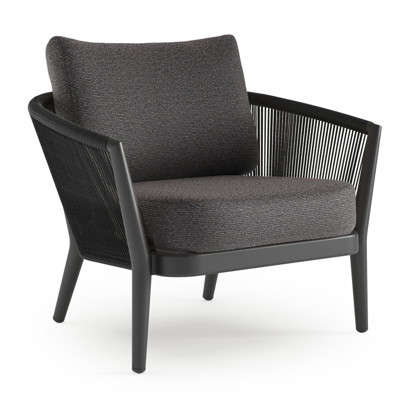 Orso loungestoel in zwart aluminium en zwart verticaal geweven ronde rope met Firenze Tunder all weather solica kussen