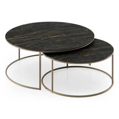 Fano set van 2 loungetafels rond in beige aluminium en volkeramiek Black Obsession - Dia. 85 x H 35 cm