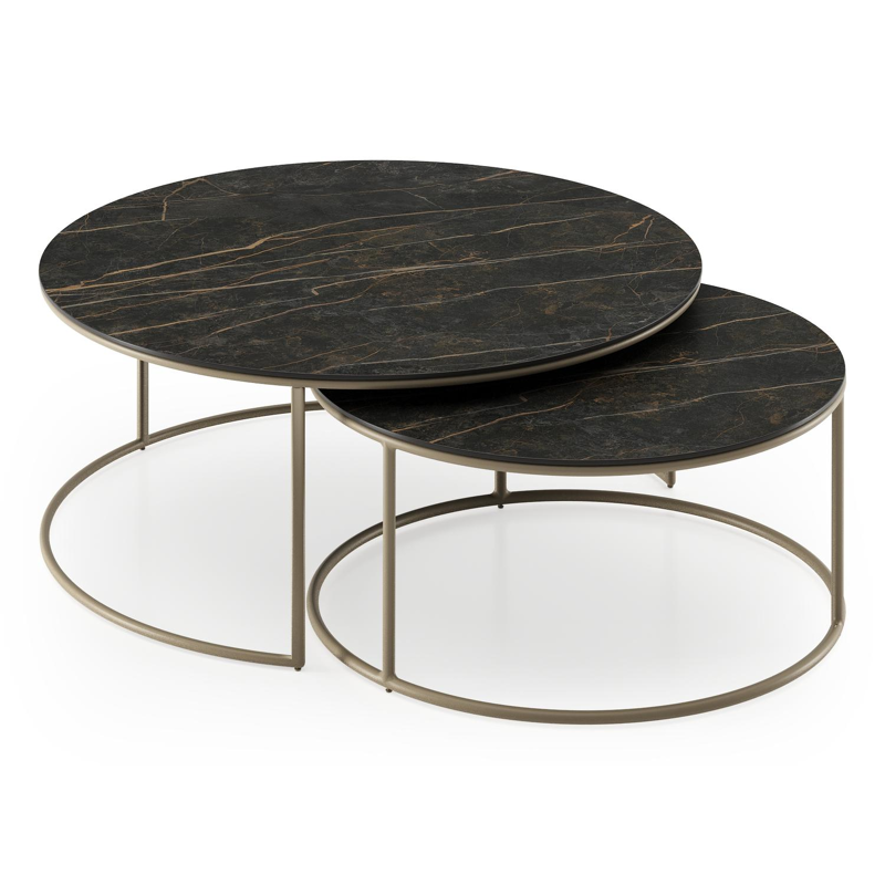 Fano set van 2 loungetafels rond in beige aluminium en volkeramiek Black Obsession - Dia. 85 x H 35 cm