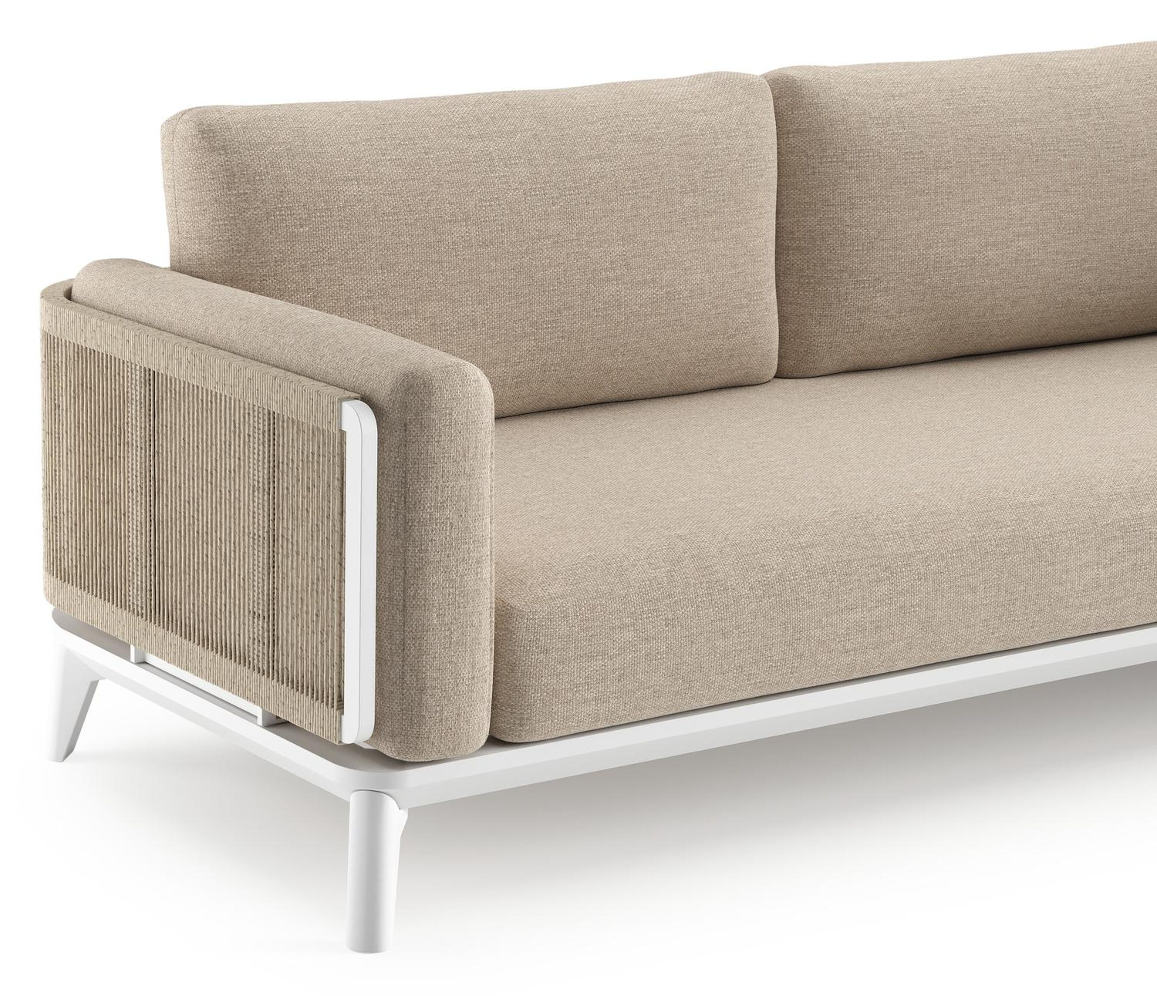 Salon de jardin Mosa en aluminium blanc et résine tressée torsadée beige et coussins en weather+ softtouch rustic