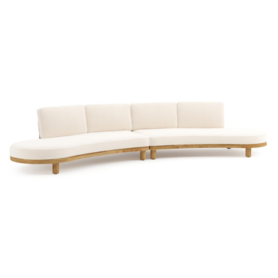 Donato loungebank in teak en beige verticaal geweven ronde rope met all weather sunbrella® luxe Lopi Snow kussen