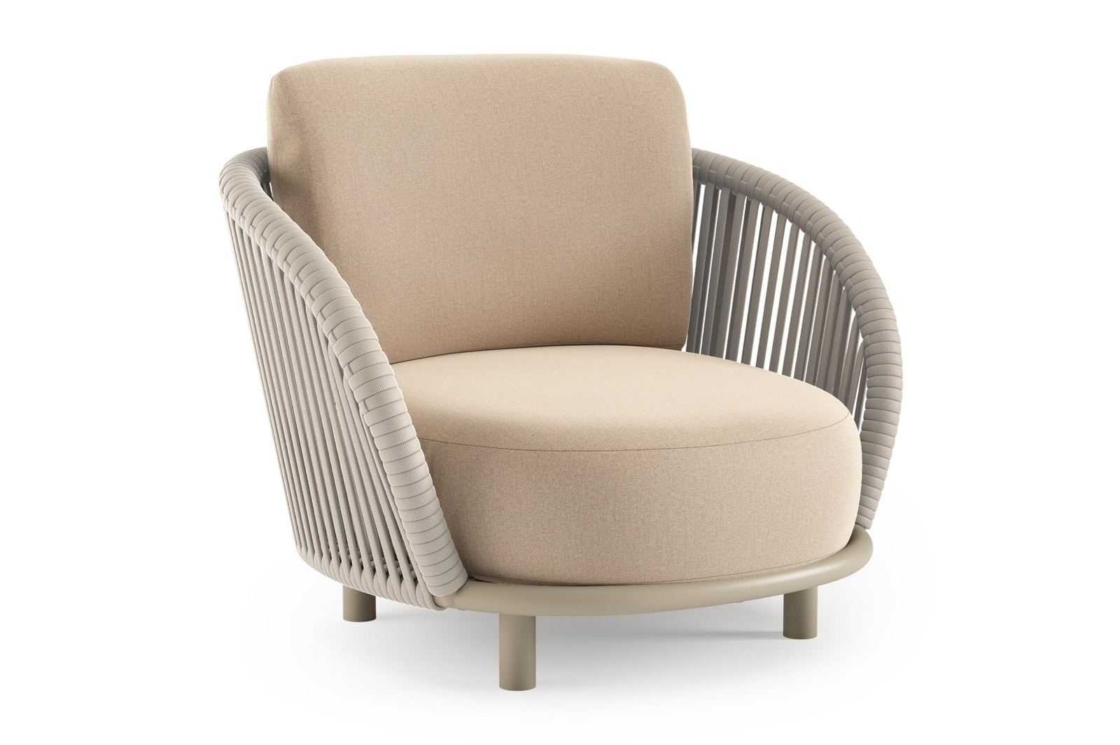 Lupino loungestoel in beige aluminium en beige verticaal geweven luxe vlakke brede rope met natte heather beige all weather sunbrella® luxe kussen