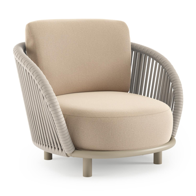 Lupino loungestoel in beige aluminium en beige verticaal geweven luxe vlakke brede rope met natte heather beige all weather sunbrella® luxe kussen