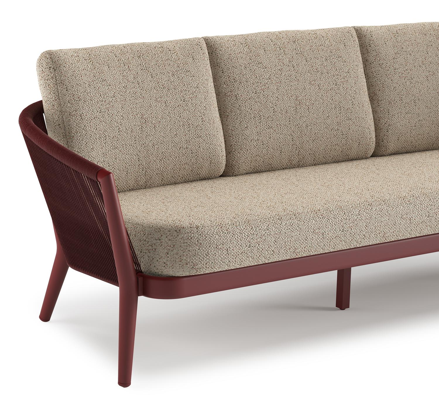 Orso loungeset in ruby aluminium en ruby verticaal geweven ronde rope met Bora Jungle all weather cosytica kussen