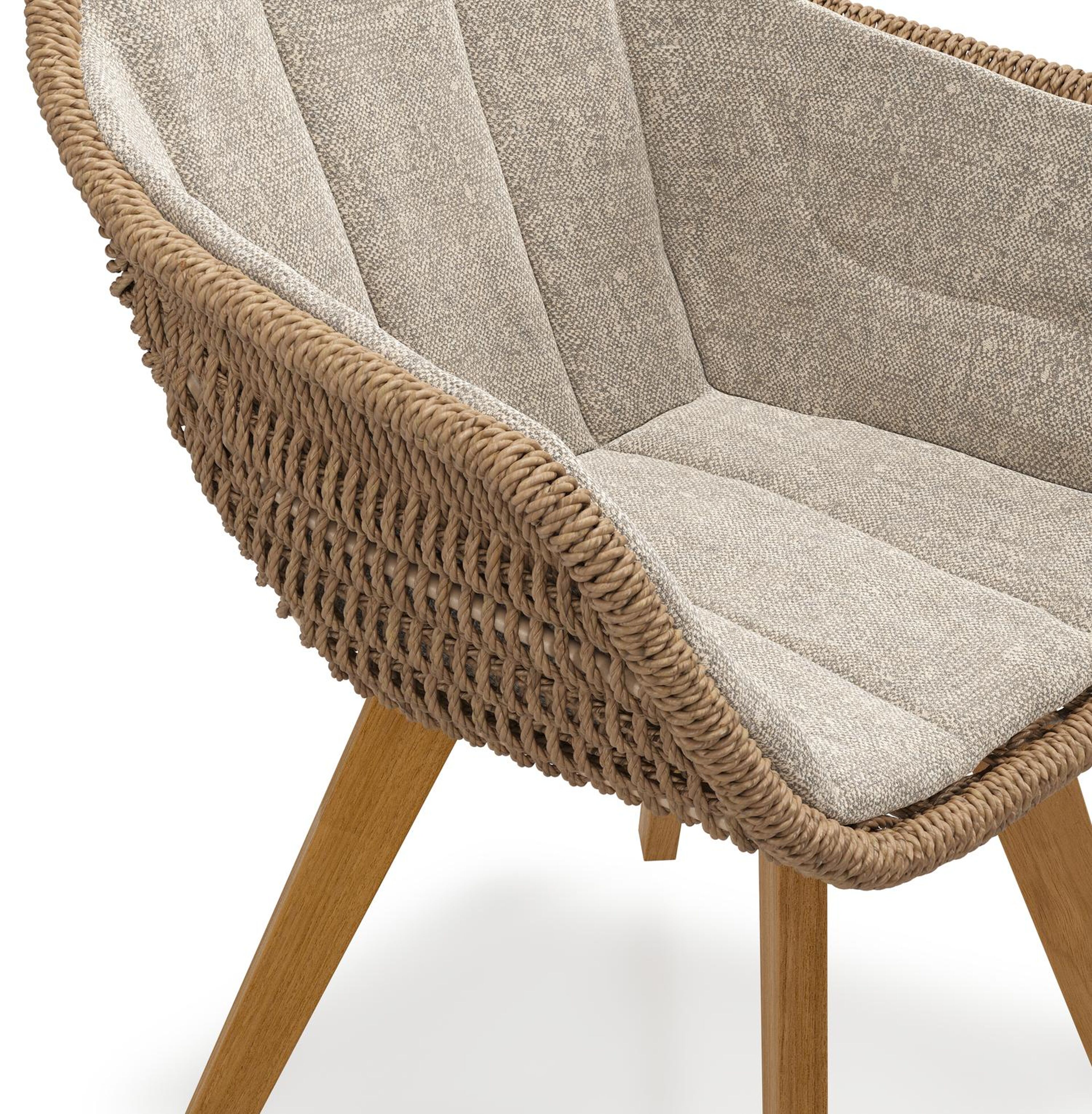 Pagino tuinstoel in teak en bruin ronde wicker met kussen in chartres pewter all weather sunbrella® luxe