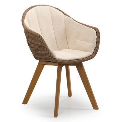 Pagino tuinstoel in teak en bruin ronde wicker met kussen in heritage papyrus all weather sunbrella® luxe