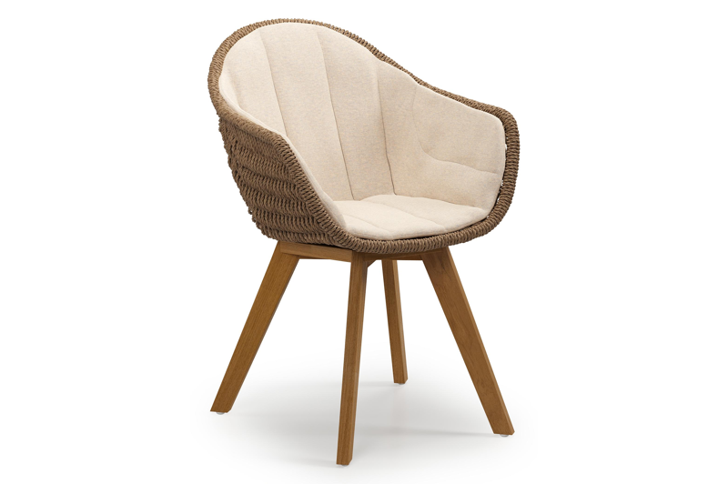 Pagino tuinstoel in teak en bruin ronde wicker met kussen in heritage papyrus all weather sunbrella® luxe