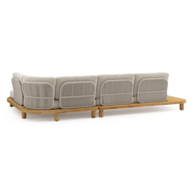 Donato loungehoek in teak en beige verticaal geweven ronde rope met all weather sunbrella® luxe Lopi Marble kussen