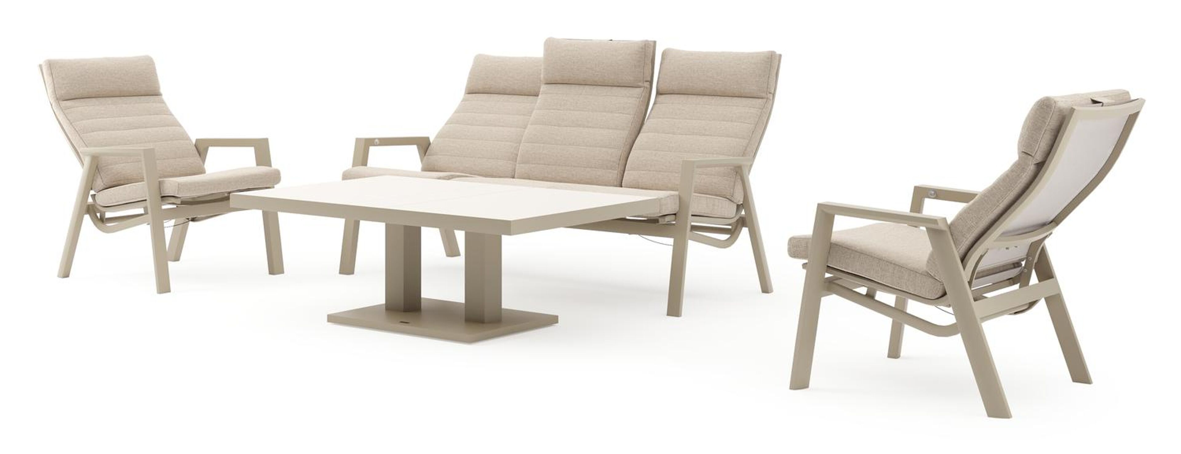 Prato loungebank in beige aluminium met rustic weather+ softtouch kussens en loungetafel