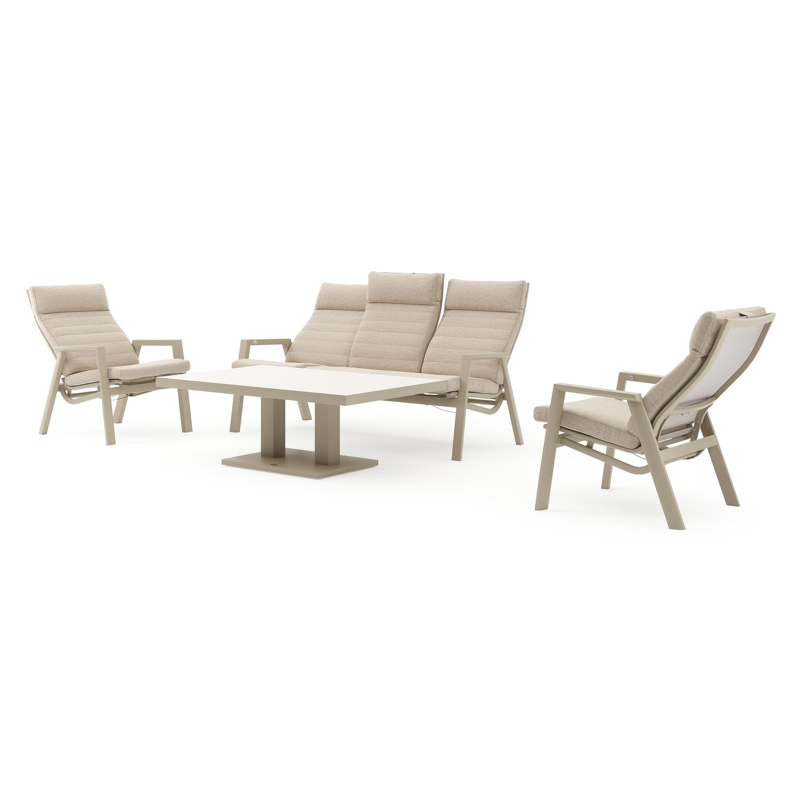 Prato loungebank in beige aluminium met rustic weather+ softtouch kussens en loungetafel