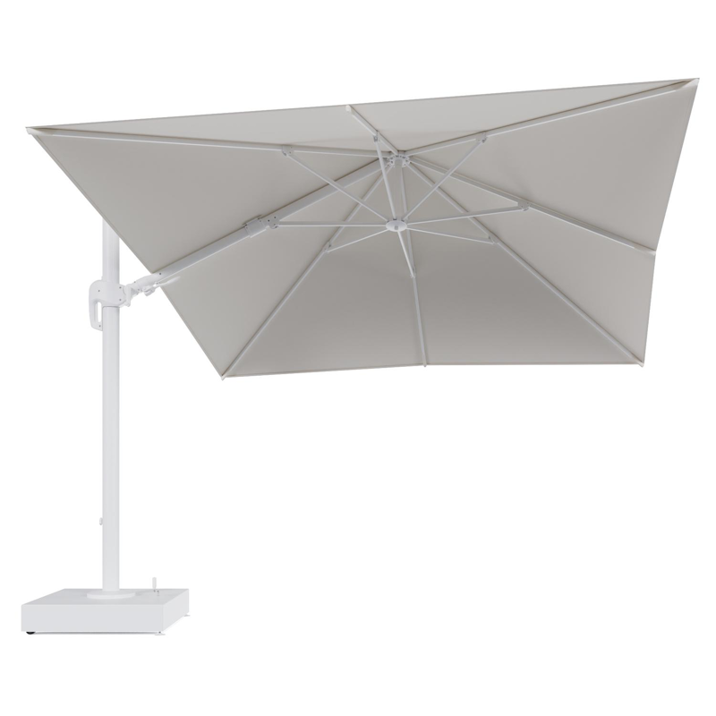 Rufina zweefparasol met tiltfunctie in wit aluminium en Savane White All Weather Sunbrella® Luxe parasoldoek - L1 300 x L2 300 cm met parasolvoet Minore 150 kg met wielen