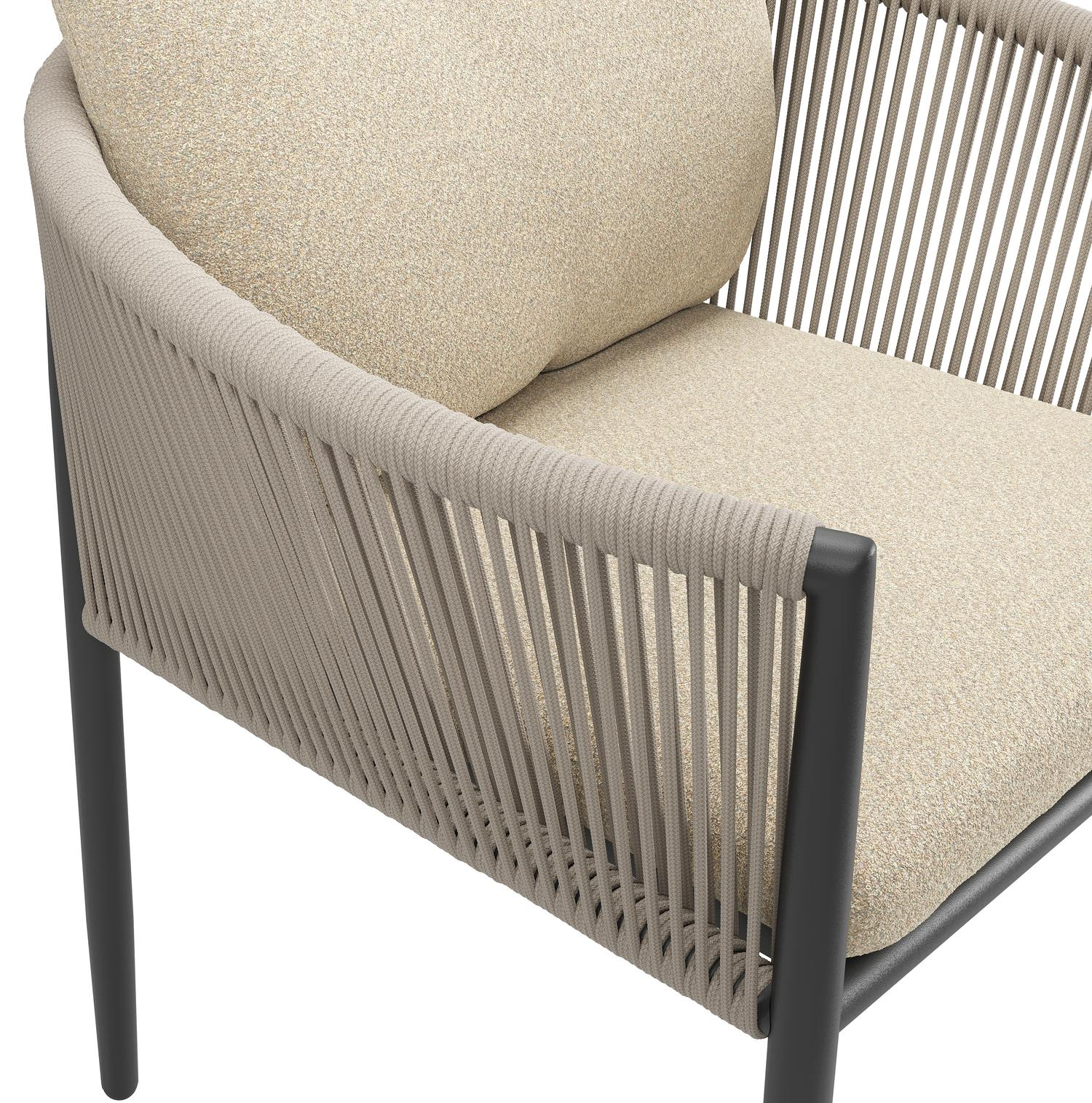 Organo tuinstoel in zwart aluminium en zwart verticaal geweven ronde rope met stoelkussen in All Weather Solica Soul Papyrus