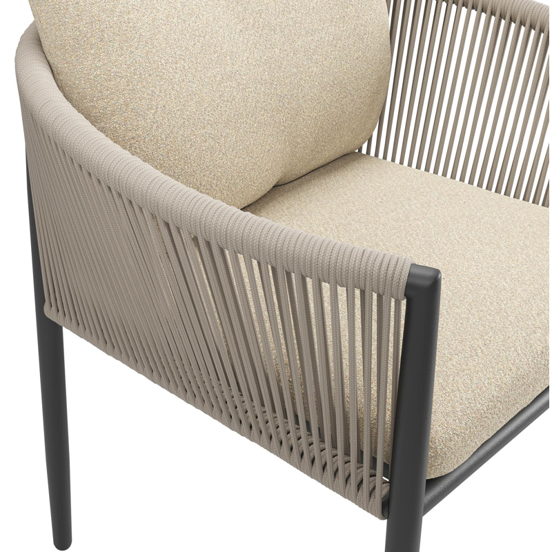 Organo tuinstoel in zwart aluminium en zwart verticaal geweven ronde rope met stoelkussen in All Weather Solica Soul Papyrus