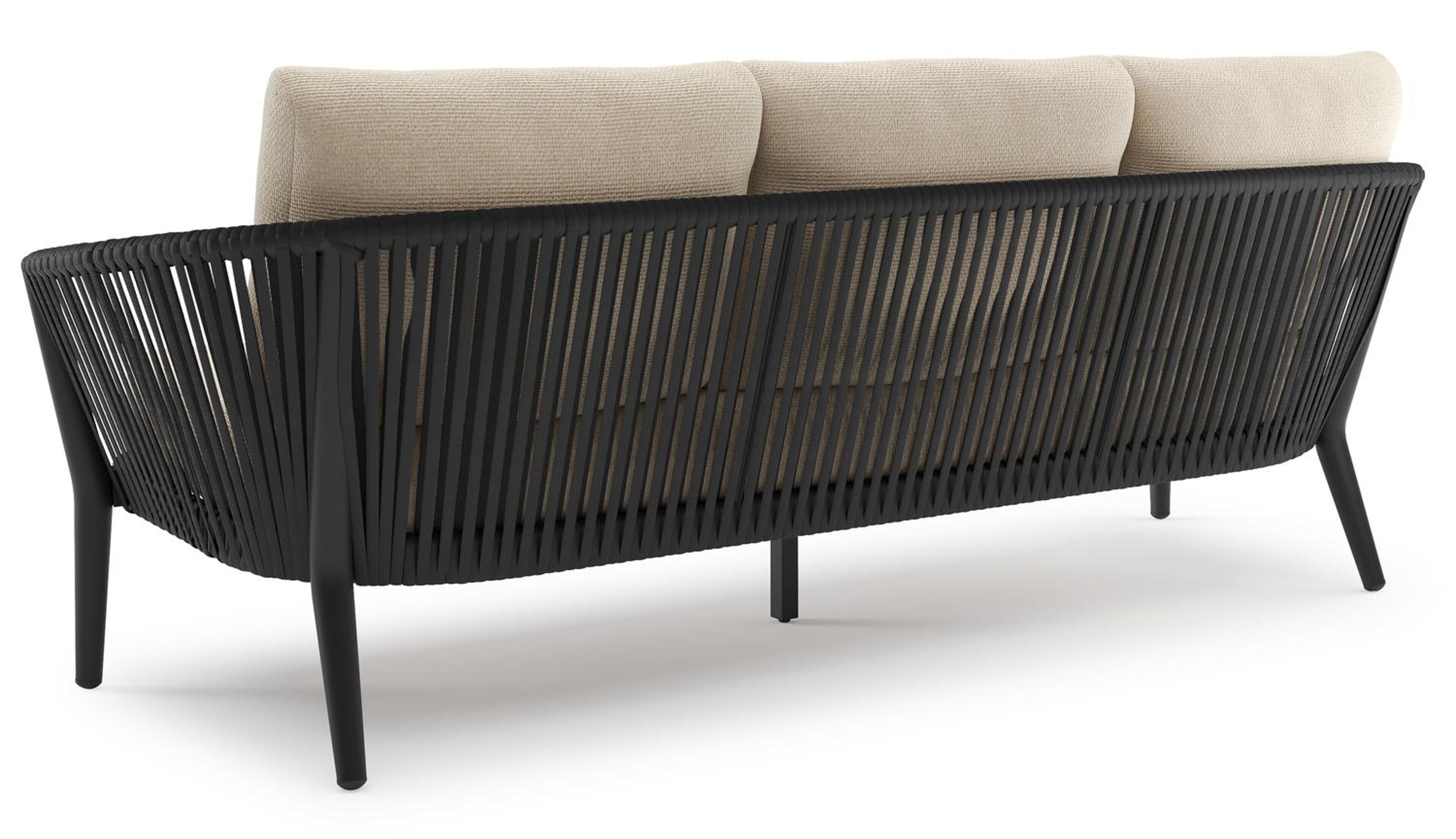 Orso loungeset in zwart aluminium en zwart verticaal geweven luxe vlakke rope met Althea Chalk all weather cosytica kussen