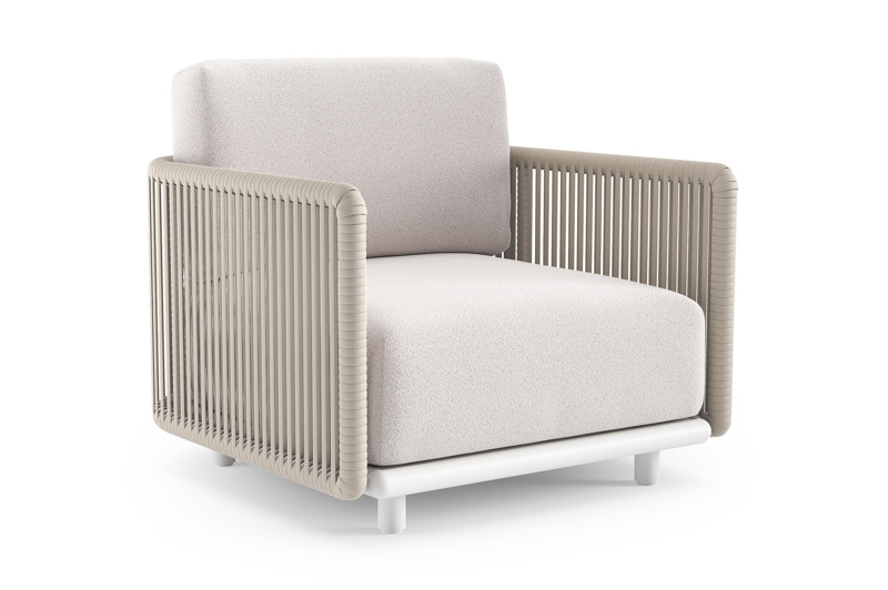 Organo loungestoel in wit aluminium en beige verticaal geweven luxe vlakke rope met ego eggshell all weather Solica kussen