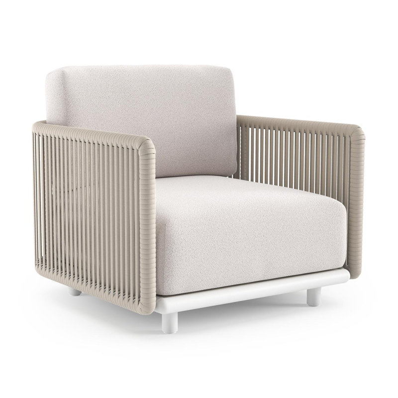 Organo loungestoel in wit aluminium en beige verticaal geweven luxe vlakke rope met ego eggshell all weather Solica kussen