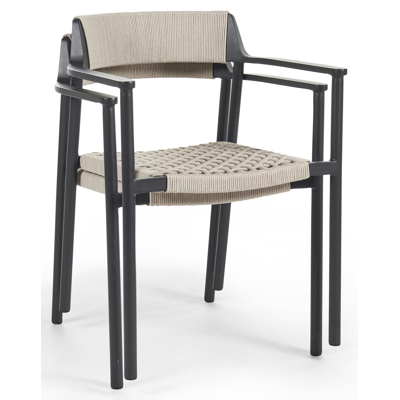 Fiordo tuinstoel in zwart aluminium en beige vierkant geweven ronde rope 