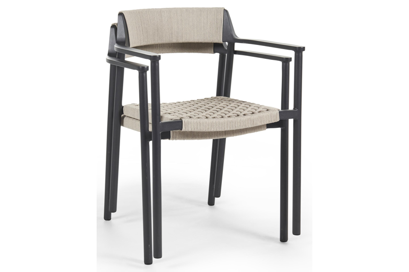 Fiordo tuinstoel in zwart aluminium en beige vierkant geweven ronde rope 