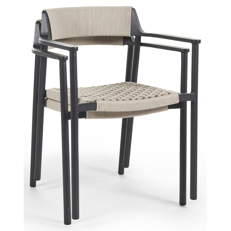 Fiordo tuinstoel in zwart aluminium en beige vierkant geweven ronde rope 