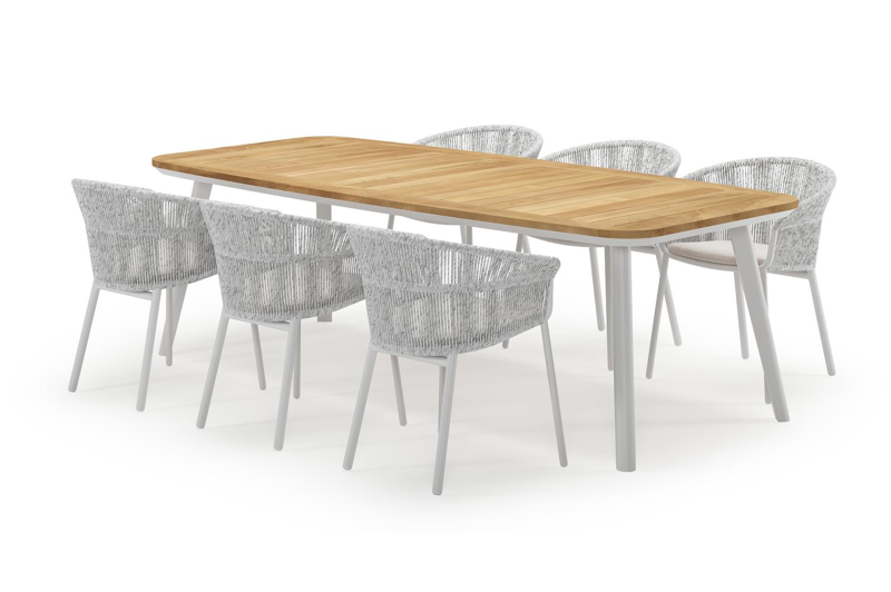 Mosa bootvormige tuinset in wit aluminium en teak natural finish met 6 Matera tuinstoelen