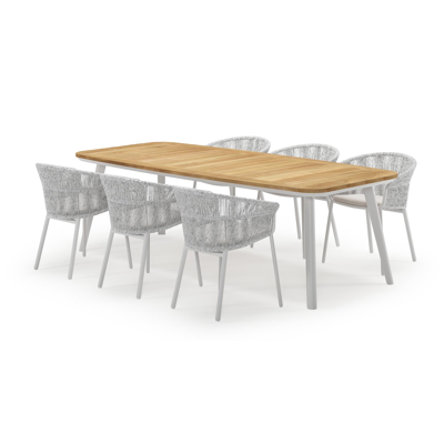 Mosa bootvormige tuinset in wit aluminium en teak natural finish met 6 Matera tuinstoelen