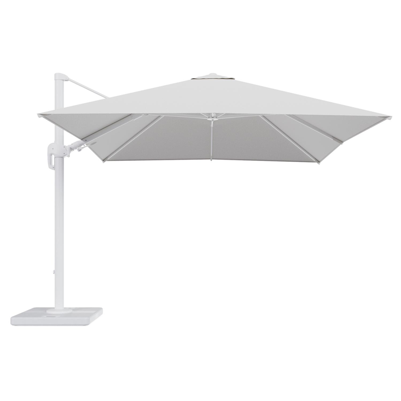 Rufina zweefparasol tiltfunctie in wit aluminium en parasoldoek in All Weather Solica Ego Birch - L1 300 x L2 300 cm met parasolvoet Lapido 120 kg