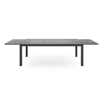 Ensemble de jardin Calobra avec table extensible en aluminium noir avec plateau de table en verre gris et 10 chaises de jardin empilables Bareto