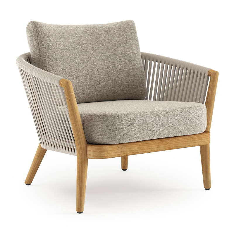 Orso loungestoel in teak en beige verticaal geweven luxe vlakke rope met Catania Sand all weather cosytica kussen
