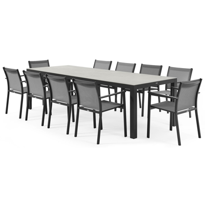 Varese tuinset in zwart aluminium en grijs volkeramiek tafelblad met 10 stapelbare Bareto tuinstoelen