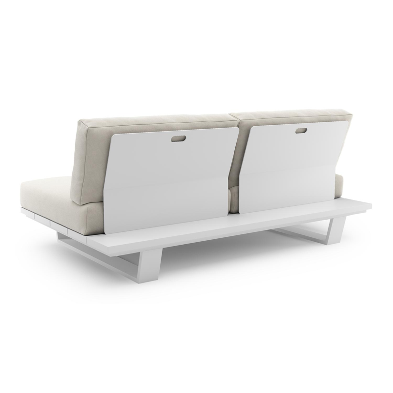 Canapé de jardin Pagino en aluminium blanc et coussins en all weather sunbrella® luxe savane white
