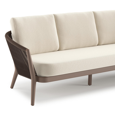 Canapé de jardin Orso en aluminium taupe en corde ronde tissée verticalement noir et coussins en all weather cosytica Althea Off White