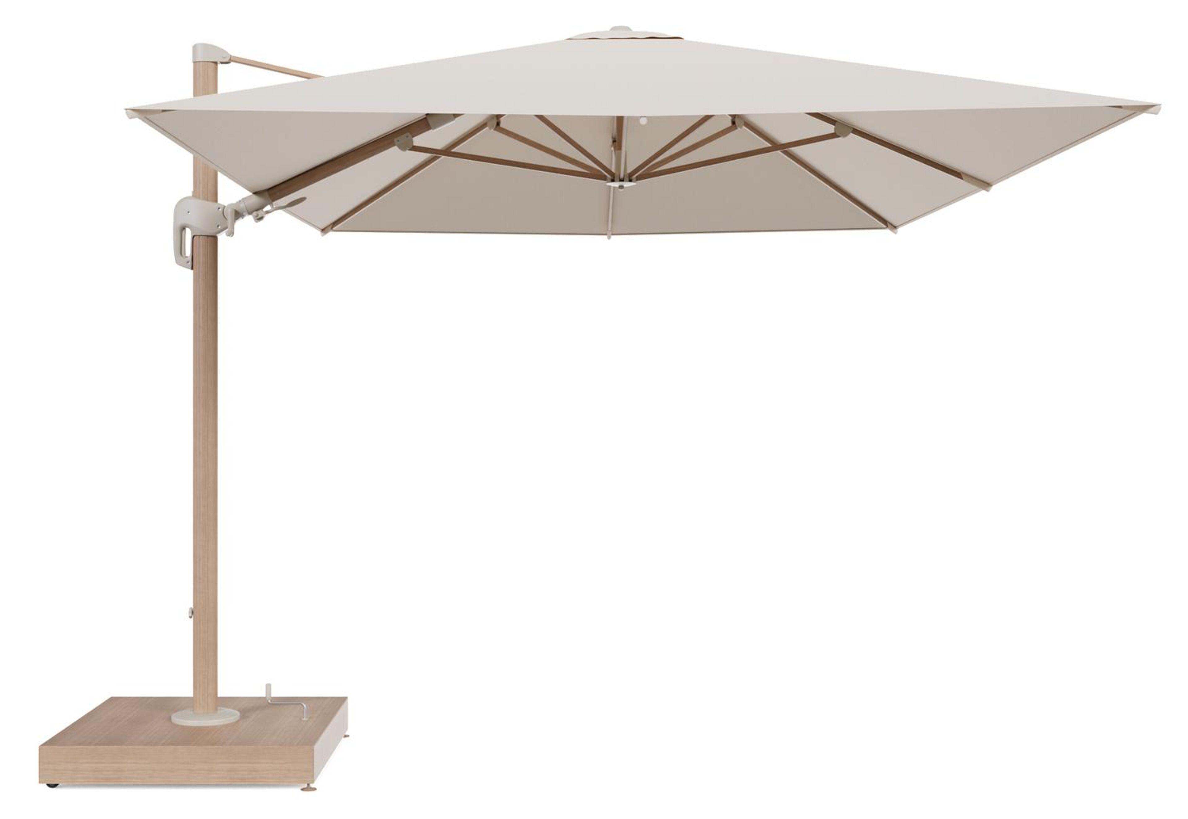 Rufina zweefparasol met tiltfunctie in houtlook aluminium en Heritage Papyrus All Weather Sunbrella® Luxe parasoldoek - L1 400 x L2 300 cm met parasolvoet Minore 260 kg met wielen