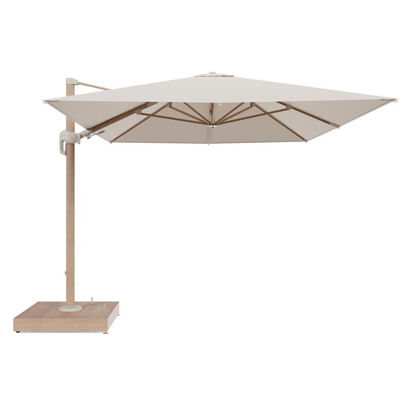 Rufina zweefparasol met tiltfunctie in houtlook aluminium en Heritage Papyrus All Weather Sunbrella® Luxe parasoldoek - L1 400 x L2 300 cm met parasolvoet Minore 260 kg met wielen