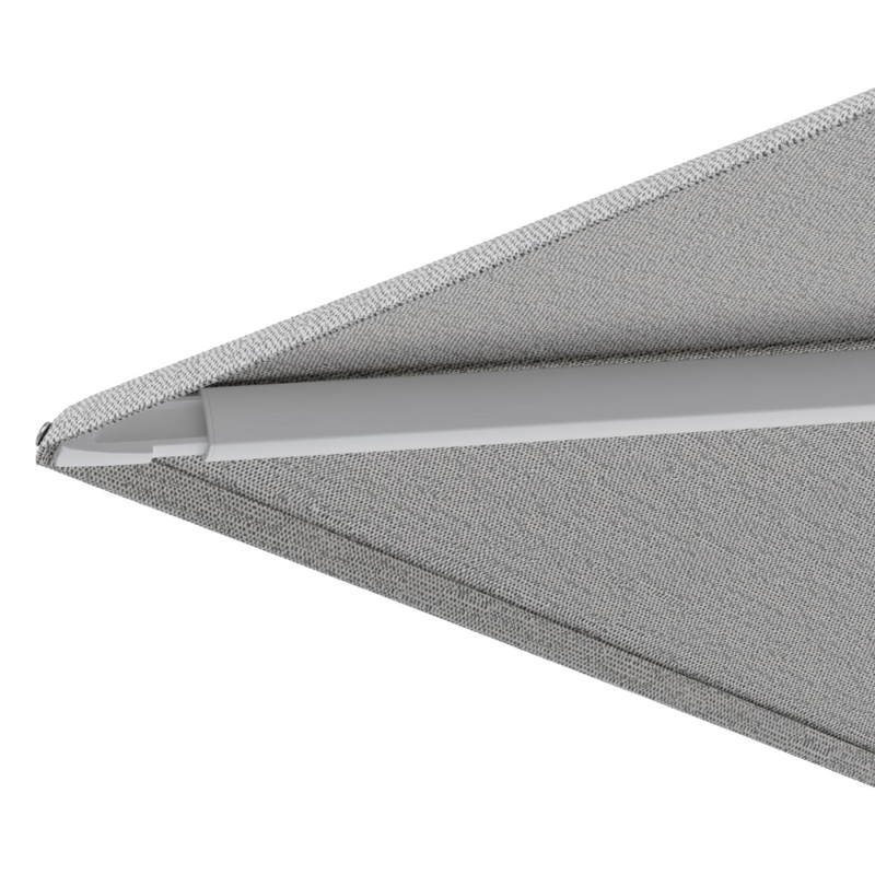 Minore zweefparasol met tiltfunctie in wit aluminium en All Weather Sunbrella Luxe Savane Nimbus - L1 400 x L2 300 cm met parasolvoet Minore 260 kg met wielen