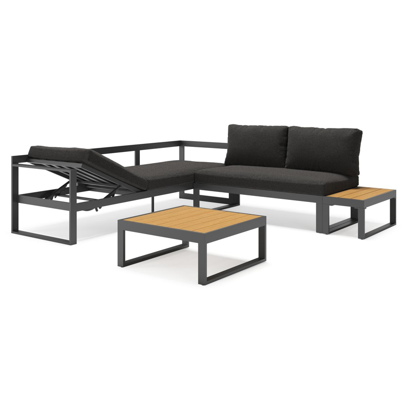 Salon de jardin Alcudia en aluminium noir et coussins en Weather+ Softtouch beige et table basse