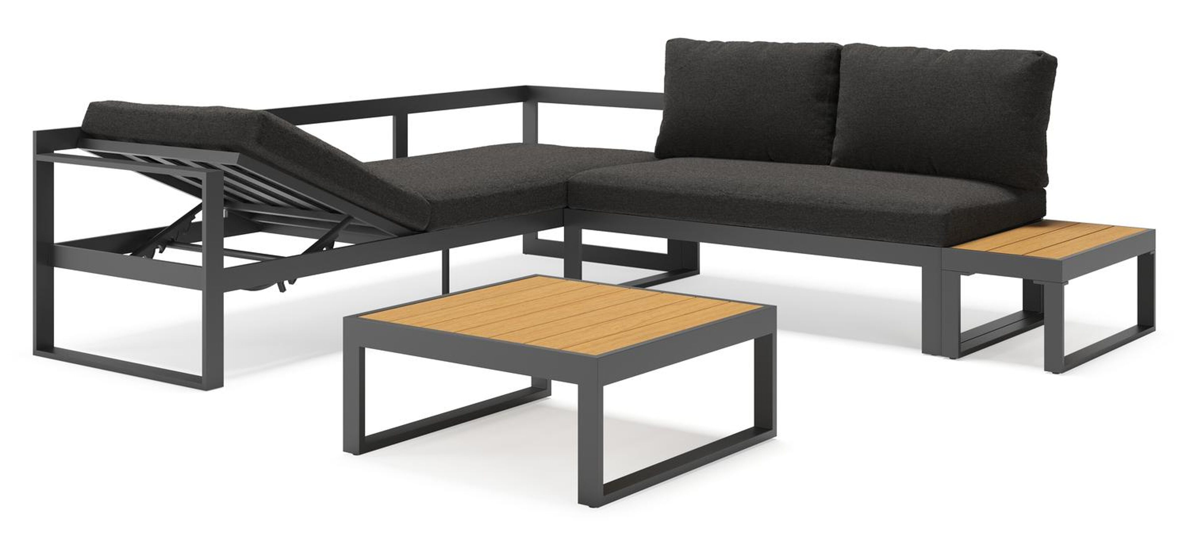 Salon de jardin Alcudia en aluminium noir et coussins en Weather+ Softtouch beige et table basse